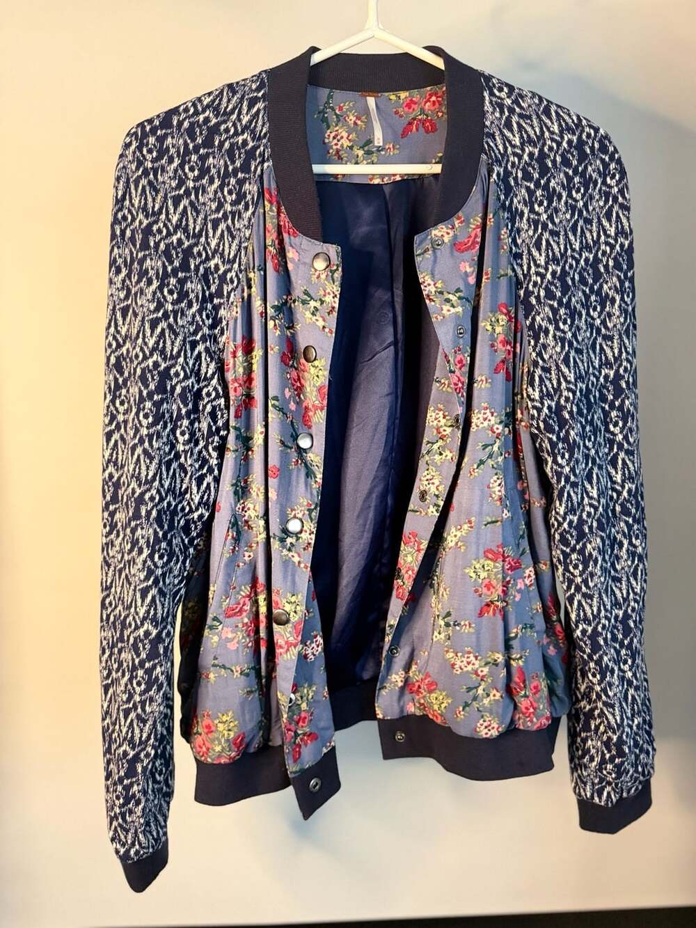 Free People Blue Floral and Abstract Pattern Bomber Jacket Size M